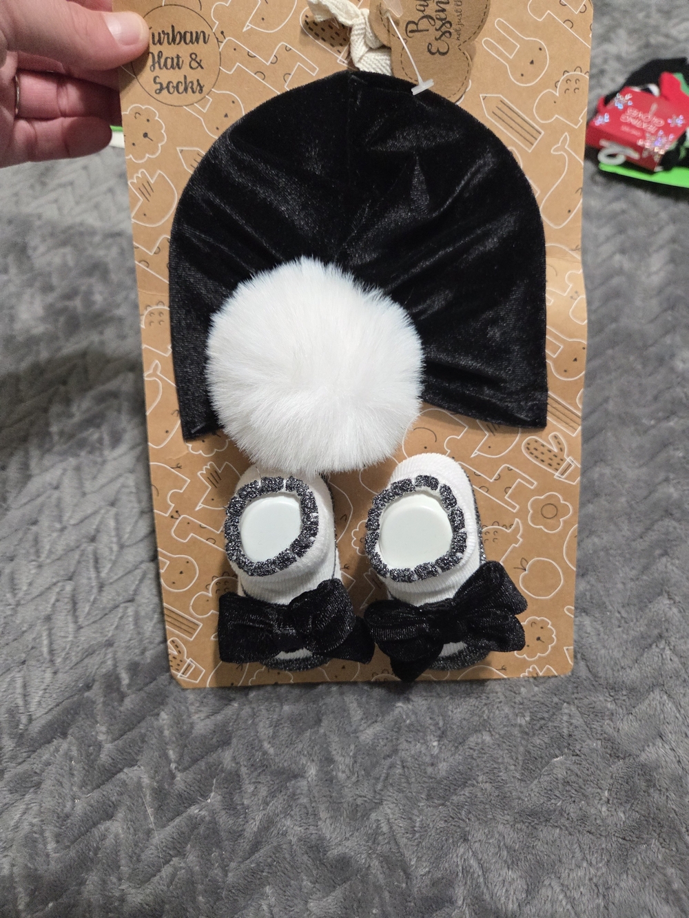 Baby Essentials Black Velvet Beanie with White Pom and Matching Black Bow Socks